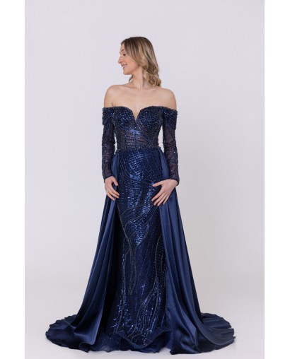 Robe de cocktail manches longues avec sur-jupe marine Promarried