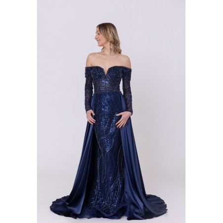 Robe de cocktail manches longues avec sur-jupe marine Promarried