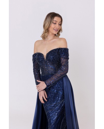 Robe de cocktail manches longues avec sur-jupe marine Promarried