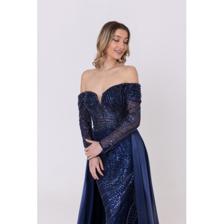 Robe de cocktail manches longues avec sur-jupe marine Promarried