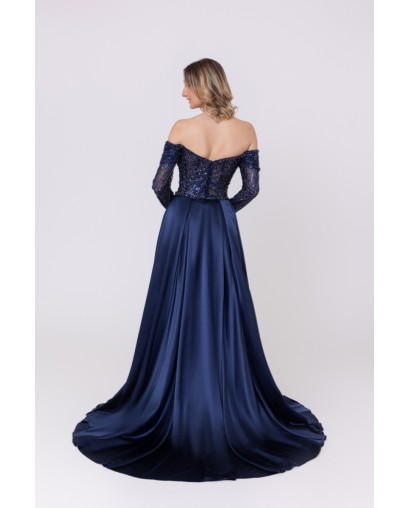 Robe de cocktail manches longues avec sur-jupe marine Promarried