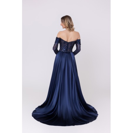 Robe de cocktail manches longues avec sur-jupe marine Promarried