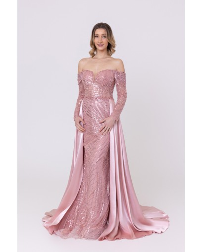 Robe de cocktail manches longues avec sur-jupe rose Promarried