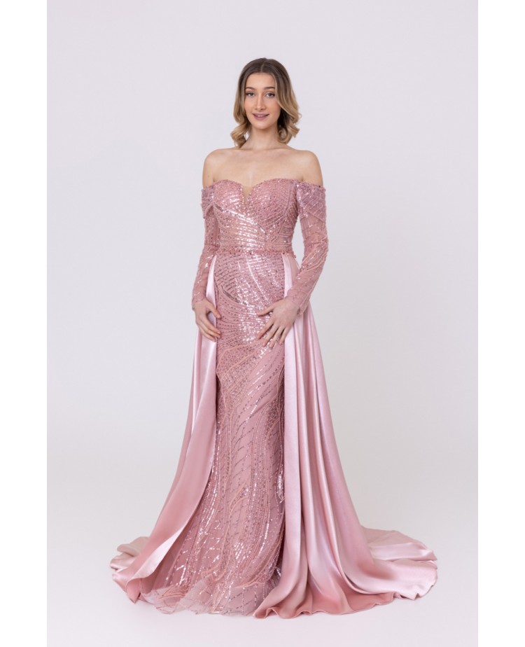 Robe de cocktail manches longues avec sur-jupe rose Promarried