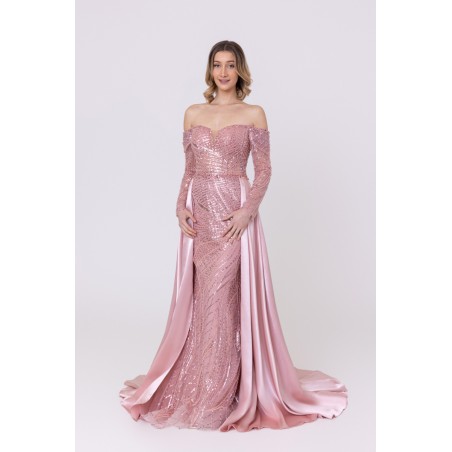 Robe de cocktail manches longues avec sur-jupe rose Promarried