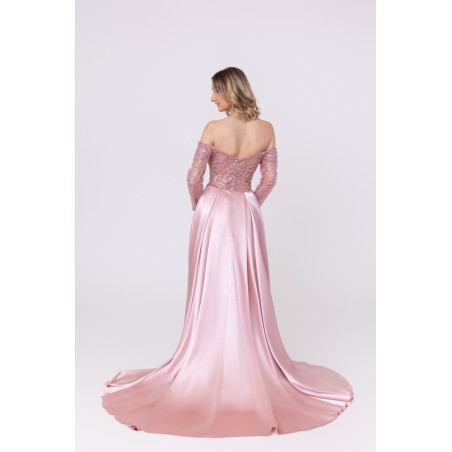 Robe de cocktail manches longues avec sur-jupe rose Promarried