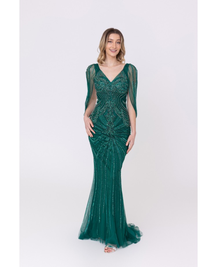 Robe verte sirène col v plongeant broderie strass et sequins Promarried