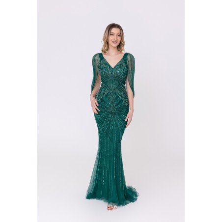 Robe verte sirène col v plongeant broderie strass et sequins Promarried