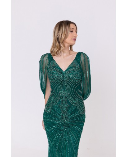 Robe verte sirène col v plongeant broderie strass et sequins Promarried