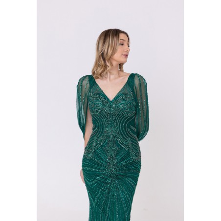 Robe verte sirène col v plongeant broderie strass et sequins Promarried