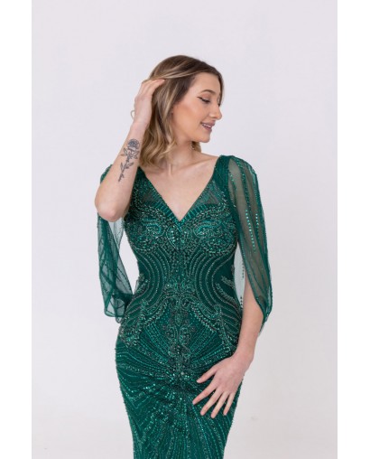 Robe verte sirène col v plongeant broderie strass et sequins Promarried