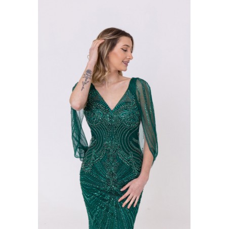Robe verte sirène col v plongeant broderie strass et sequins Promarried