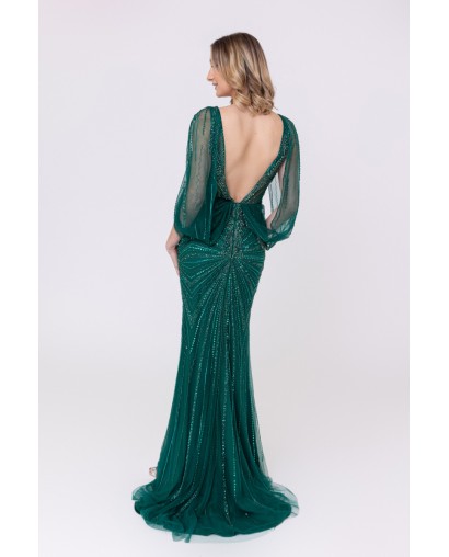 Robe verte sirène col v plongeant broderie strass et sequins Promarried