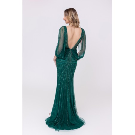 Robe verte sirène col v plongeant broderie strass et sequins Promarried