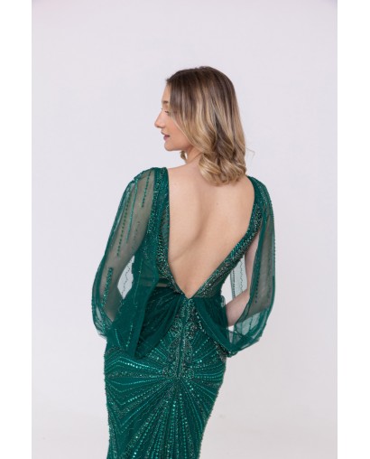 Robe verte sirène col v plongeant broderie strass et sequins Promarried