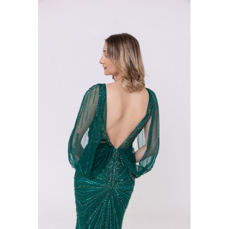 Robe verte sirène col v plongeant broderie strass et sequins Promarried