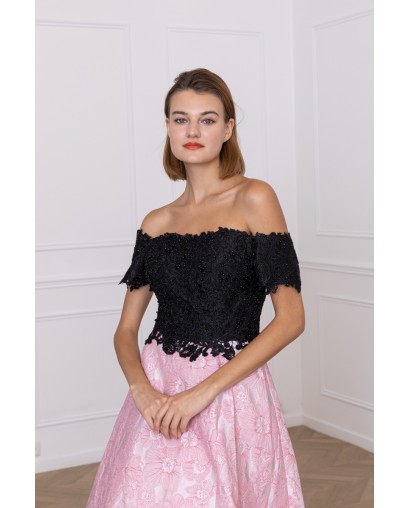 Robe de soirée coupe princesse noir et rose