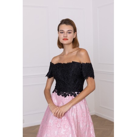 Robe de soirée coupe princesse noir et rose