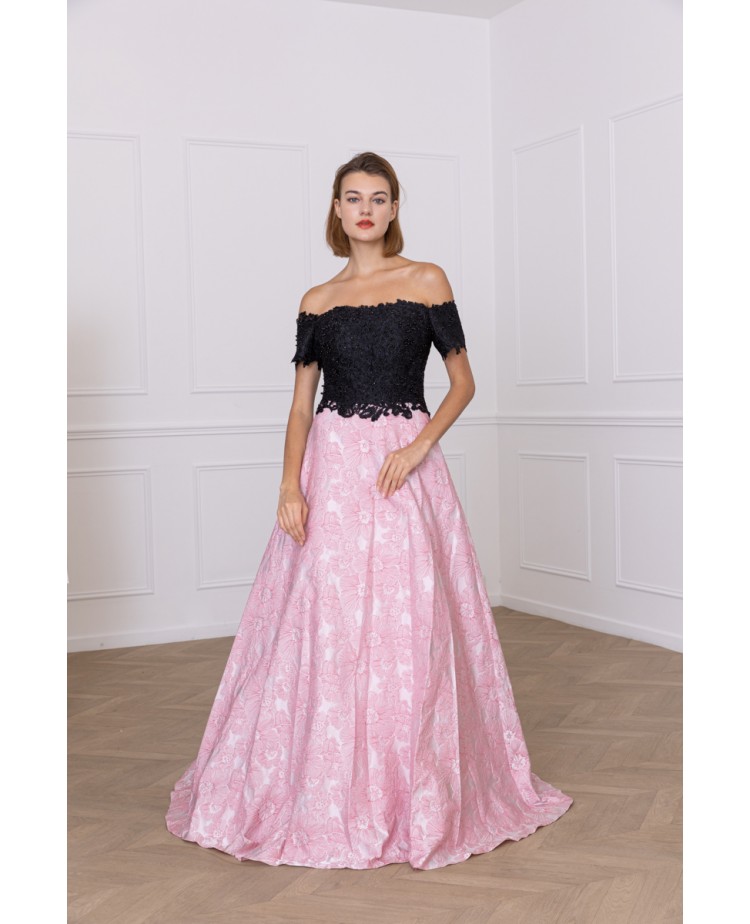 Robe de soirée coupe princesse noir et rose