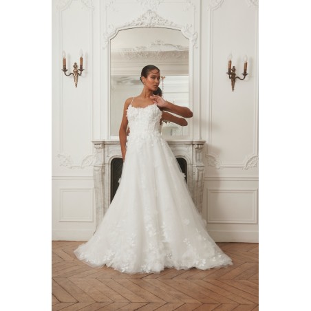 Robe de mariée A-line en tulle pailleté et fleurs 3D – Bretelles fines